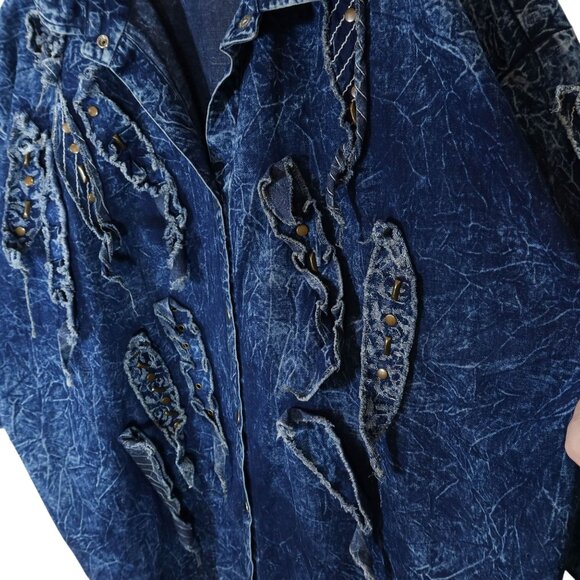 Vintage 80s Acid Wash Oversized Denim Studded Shirt Jacket Art To Wear Size XL - Picture 7 of 9